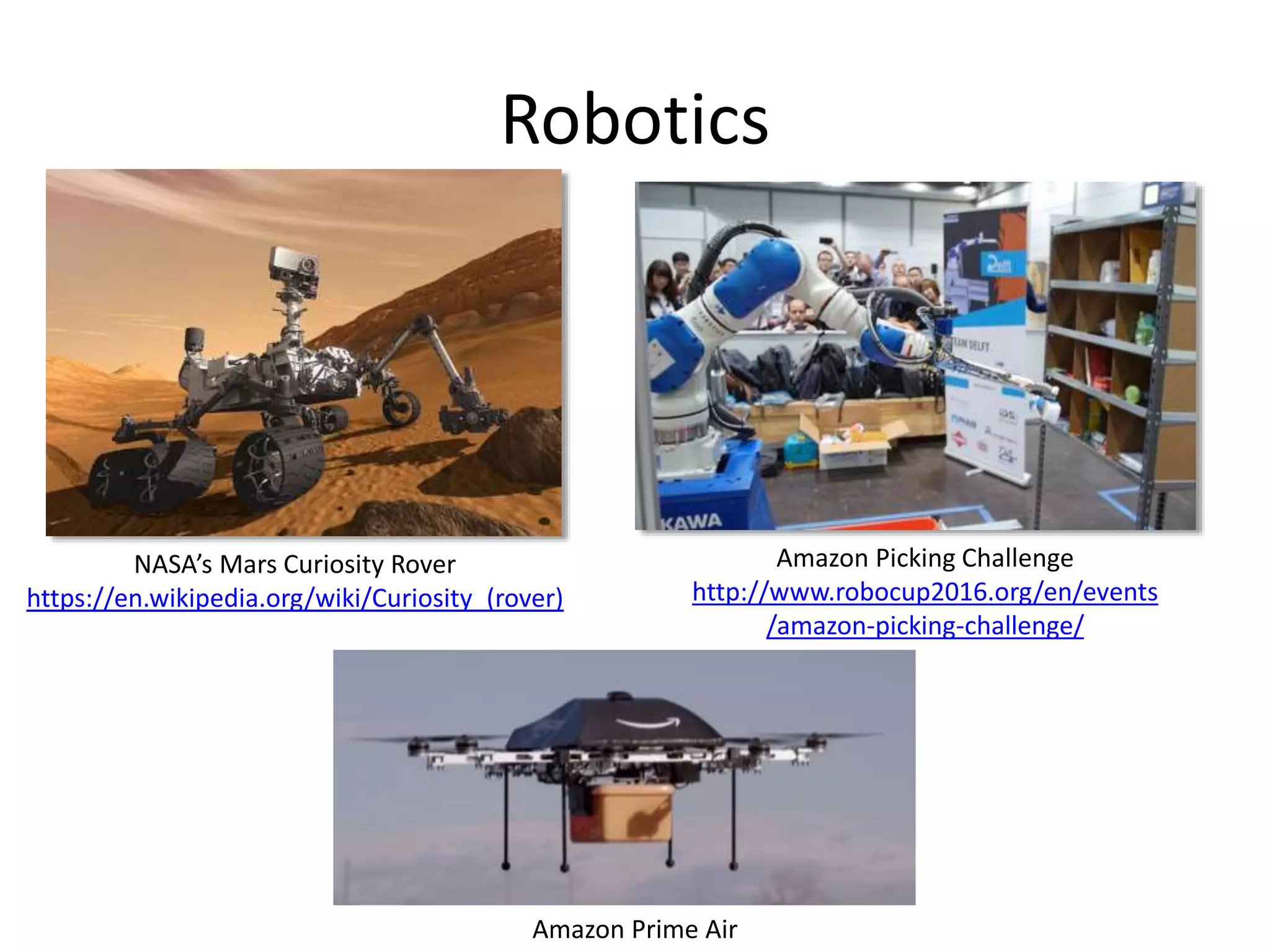 Robotics
NASA’s Mars Curiosity Rover
https://en.wikipedia.org/wiki/Curiosity_(rover)
Amazon Picking Challenge
http://www.robocup2016.org/en/events
/amazon-picking-challenge/
Amazon Prime Air
 