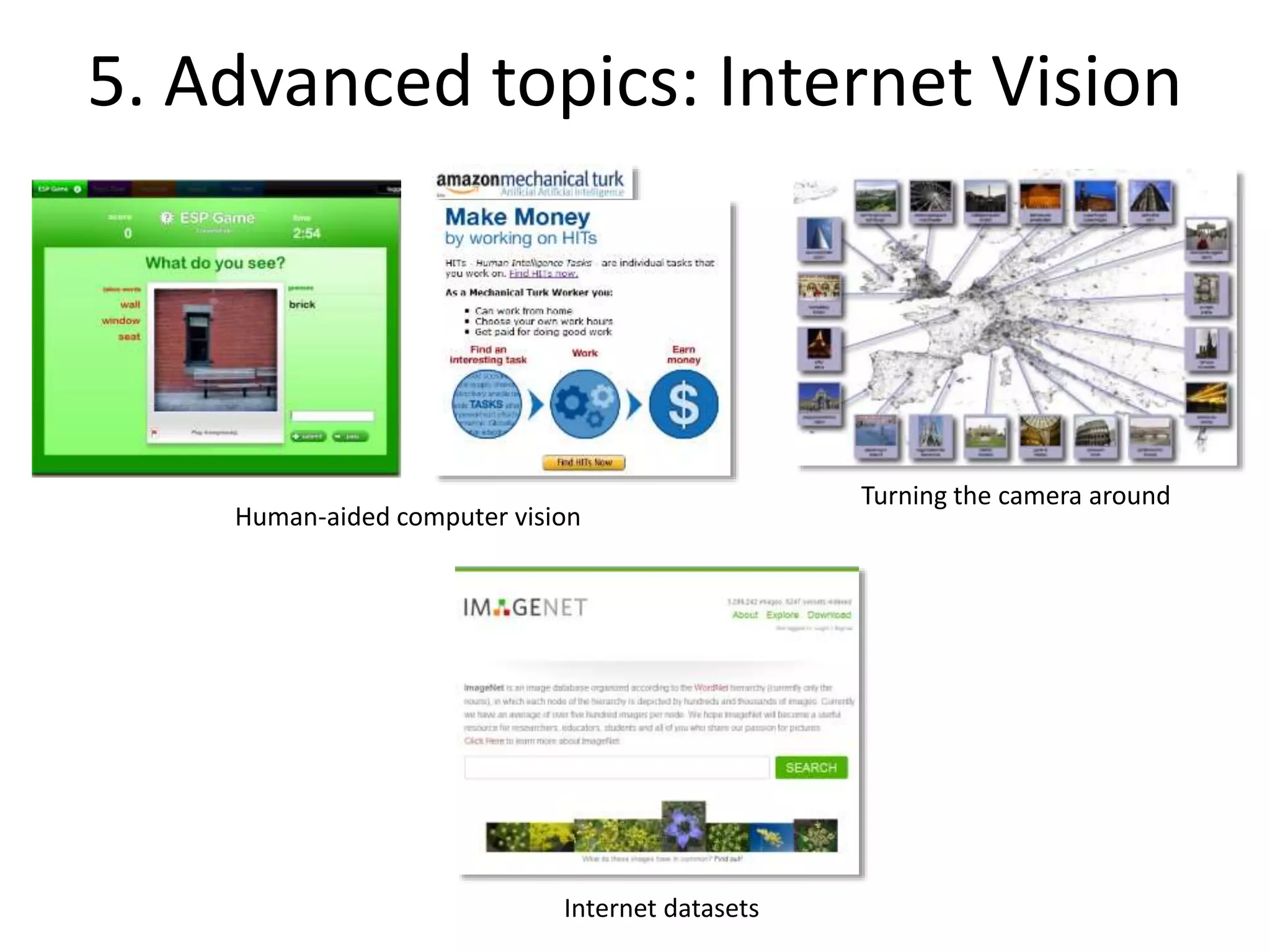 5. Advanced topics: Internet Vision
Human-aided computer vision
Turning the camera around
Internet datasets
 