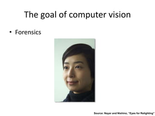 The goal of computer vision
• Forensics
Source: Nayar and Nishino, “Eyes for Relighting”
 