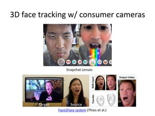 3D face tracking w/ consumer cameras
Snapchat Lenses
Face2Face system (Thies et al.)
 