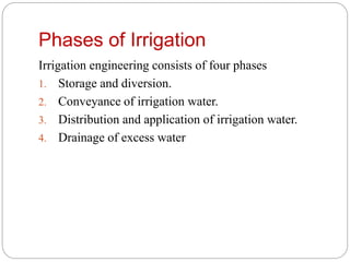Phases of Irrigation
Irrigation engineering consists of four phases
1. Storage and diversion.
2. Conveyance of irrigation water.
3. Distribution and application of irrigation water.
4. Drainage of excess water
 