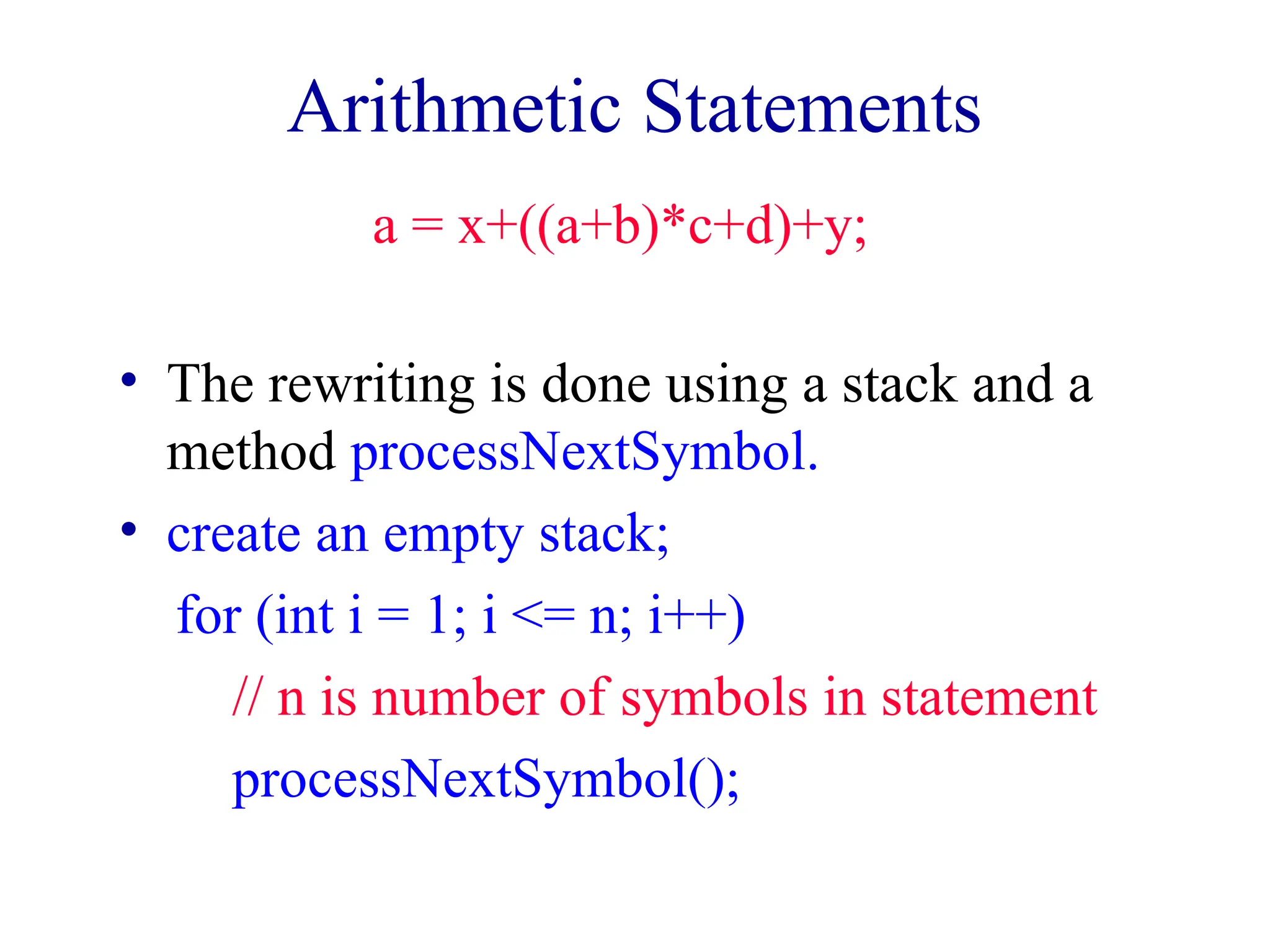 Arithmetic Statements
• The rewriting is done using a stack and a
method processNextSymbol.
• create an empty stack;
for (int i = 1; i <= n; i++)
// n is number of symbols in statement
processNextSymbol();
a = x+((a+b)*c+d)+y;
 