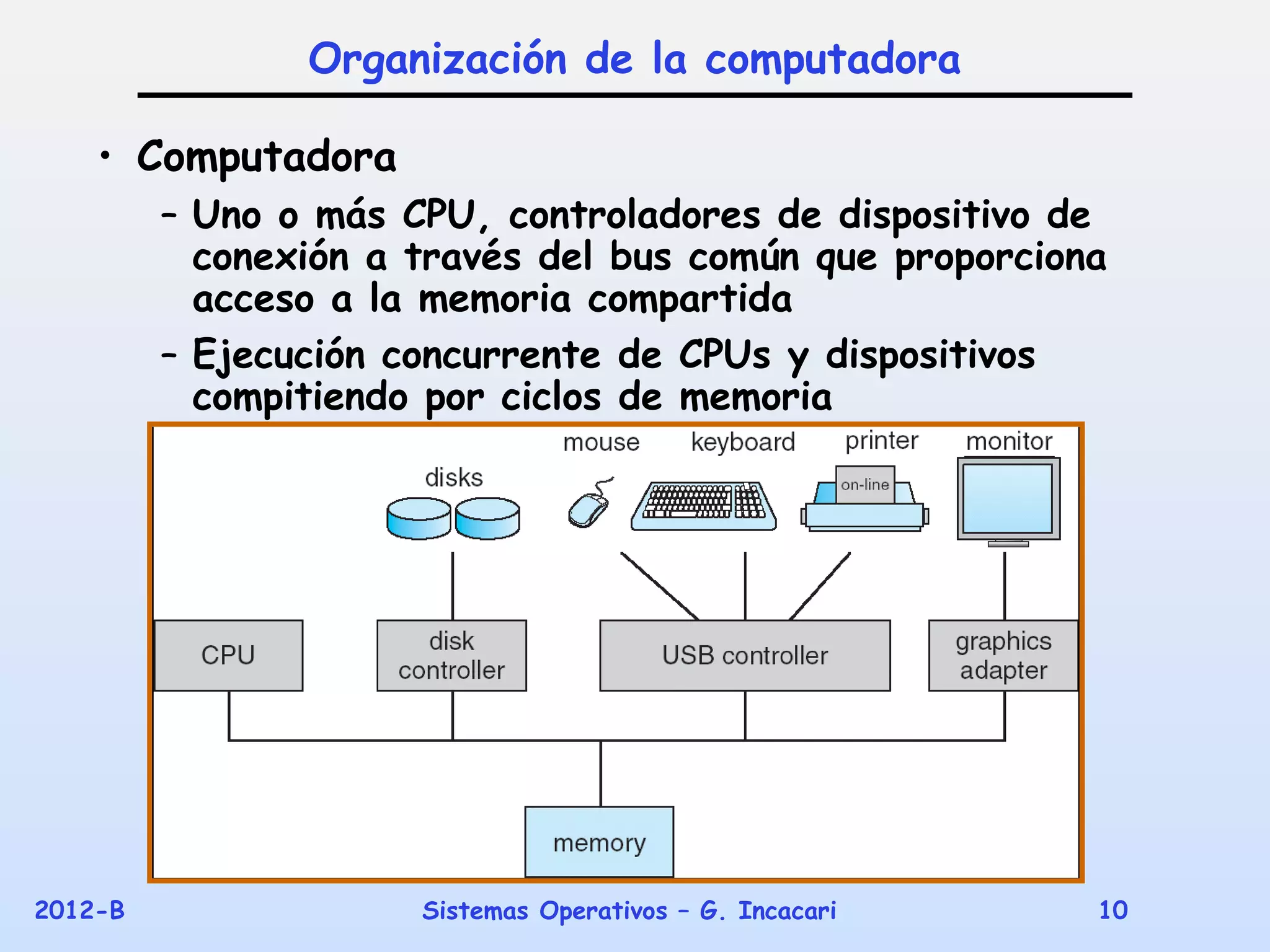 Organización de la computadora

    • Computadora
         – Uno o más CPU, controladores de dispositivo de
           conexión a través del bus común que proporciona
           acceso a la memoria compartida
         – Ejecución concurrente de CPUs y dispositivos
           compitiendo por ciclos de memoria




2012-B                Sistemas Operativos – G. Incacari   10
 