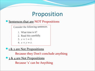 Proposition
Sentences that are NOT Propositions
1 & 2 are Not Propositions
Because they Don’t conclude anything
3 & 4 are Not Propositions
Because ‘x’ can be Anything
 