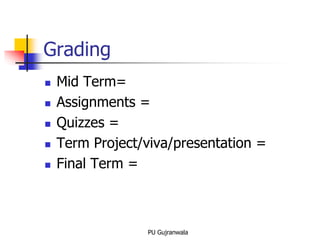 Grading
 Mid Term=
 Assignments =
 Quizzes =
 Term Project/viva/presentation =
 Final Term =
PU Gujranwala
 