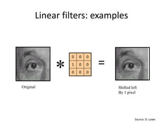 Linear filters: examples
000
001
000
Original Shifted left
By 1 pixel
Source: D. Lowe
* =
 