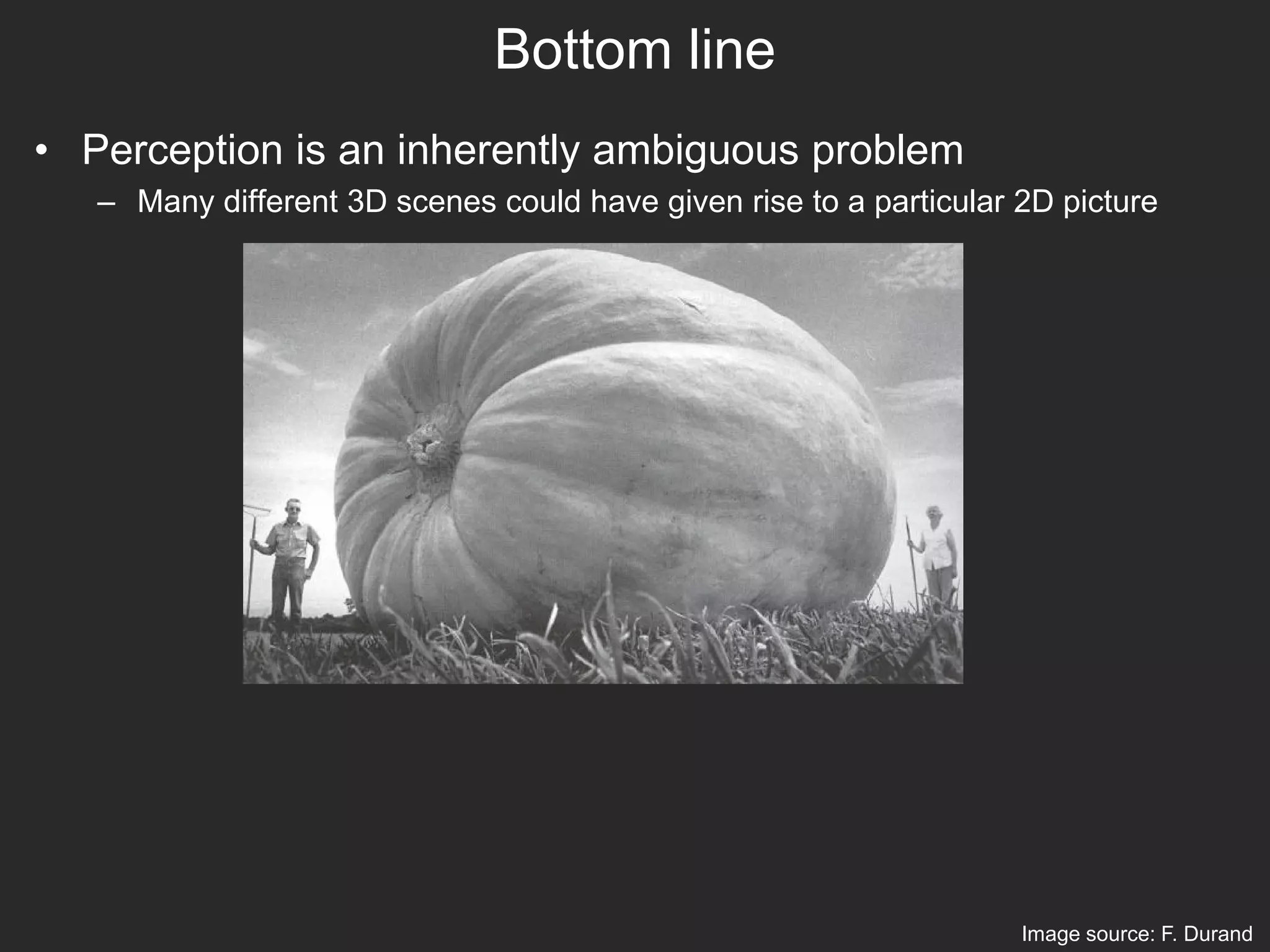 Bottom line
• Perception is an inherently ambiguous problem
– Many different 3D scenes could have given rise to a particular 2D picture
Image source: F. Durand
 