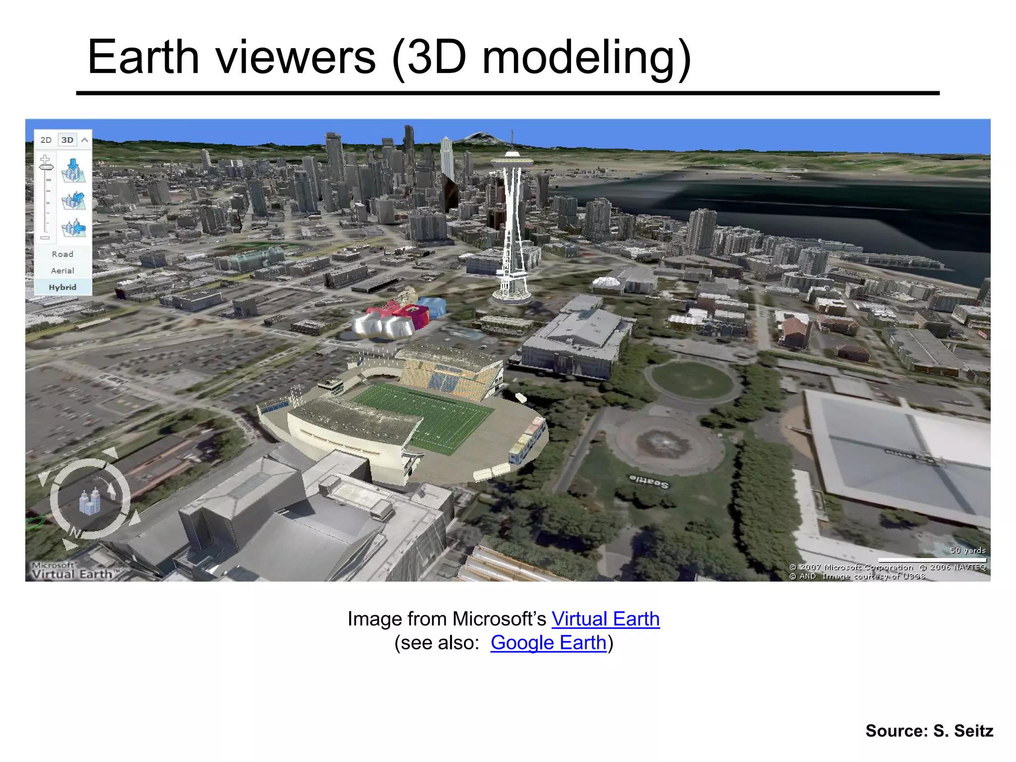 Earth viewers (3D modeling)
Image from Microsoft’s Virtual Earth
(see also: Google Earth)
Source: S. Seitz
 