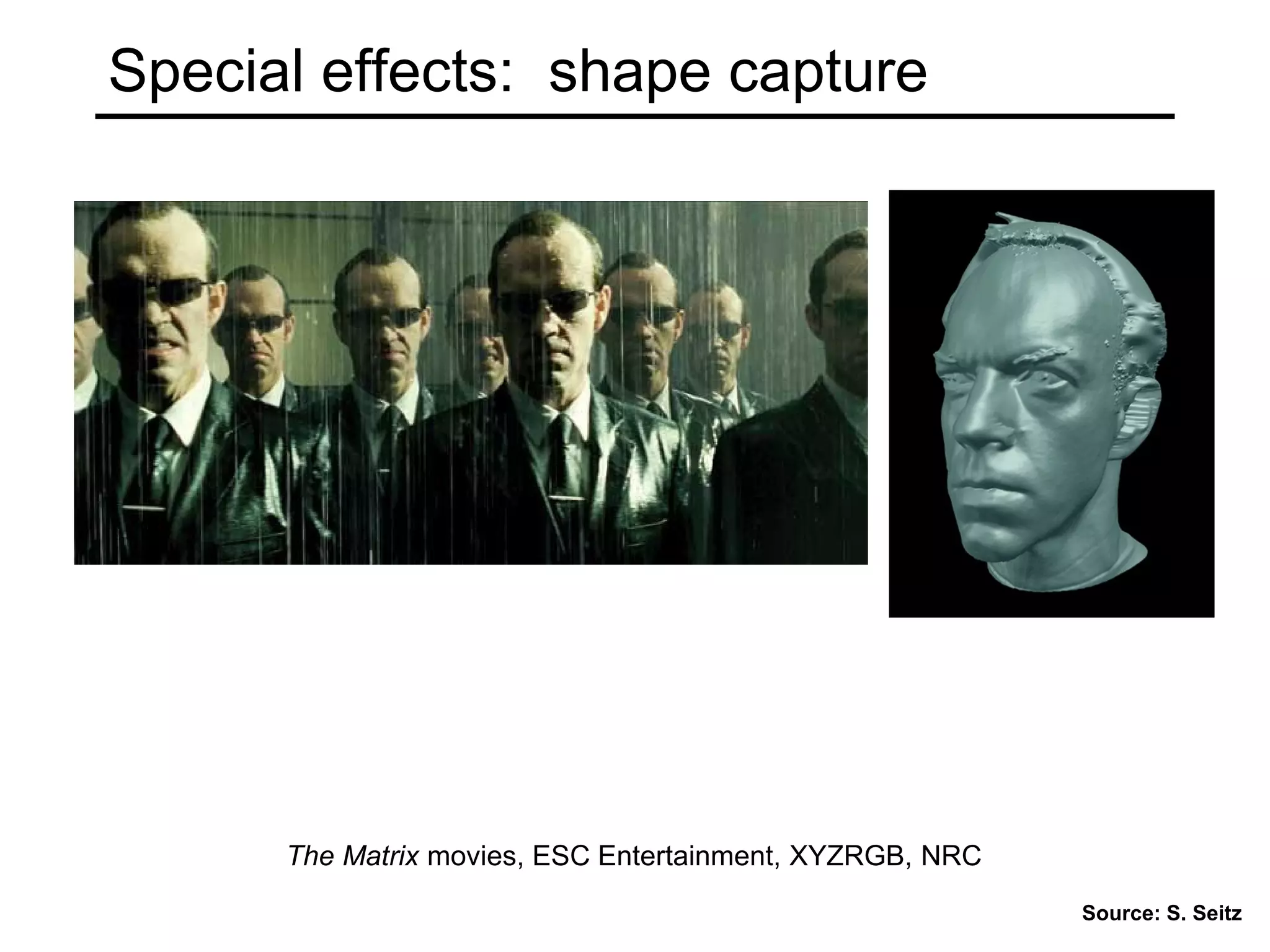 The Matrix movies, ESC Entertainment, XYZRGB, NRC
Special effects: shape capture
Source: S. Seitz
 