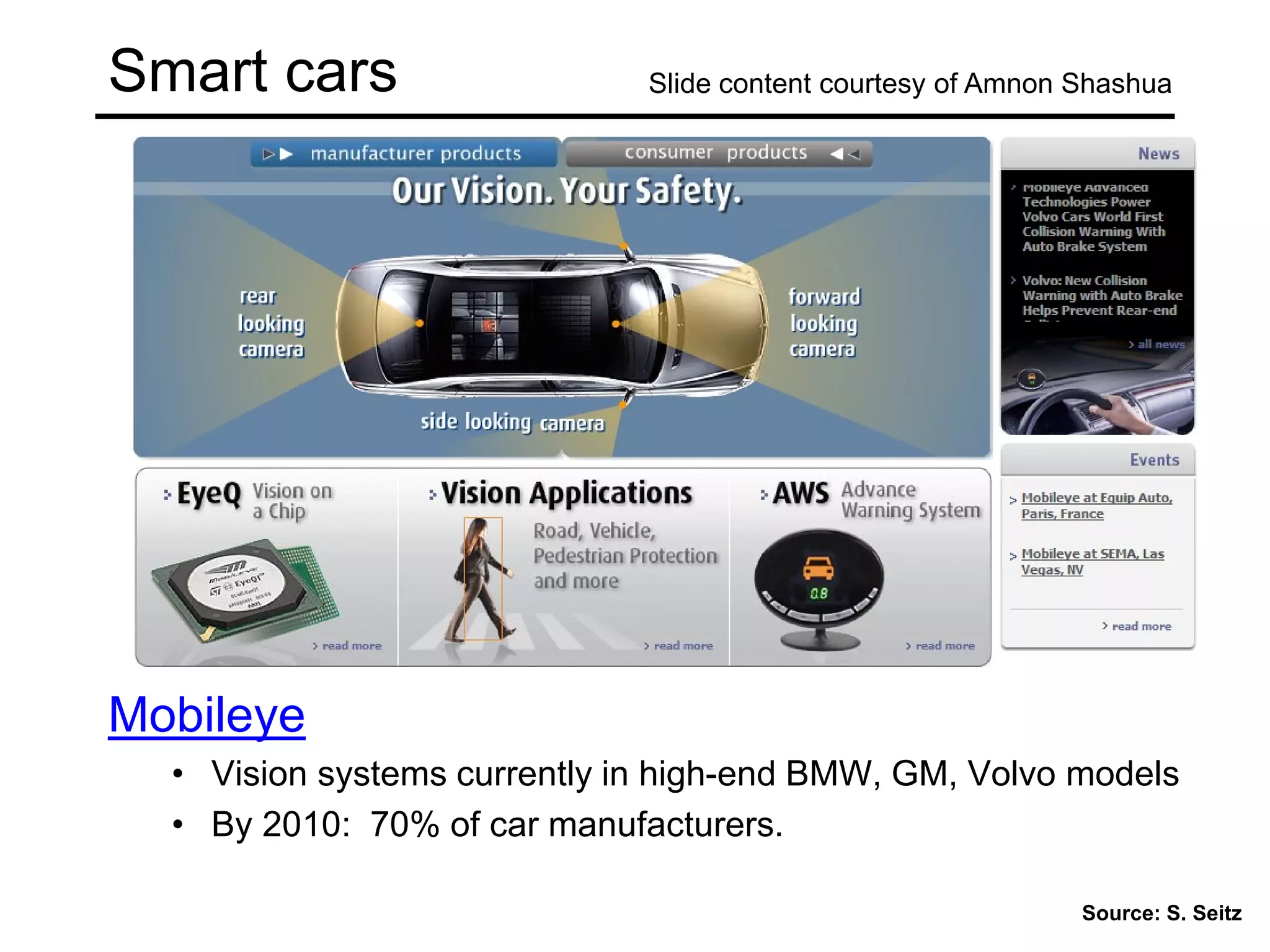 Smart cars
Mobileye
• Vision systems currently in high-end BMW, GM, Volvo models
• By 2010: 70% of car manufacturers.
Slide content courtesy of Amnon Shashua
Source: S. Seitz
 