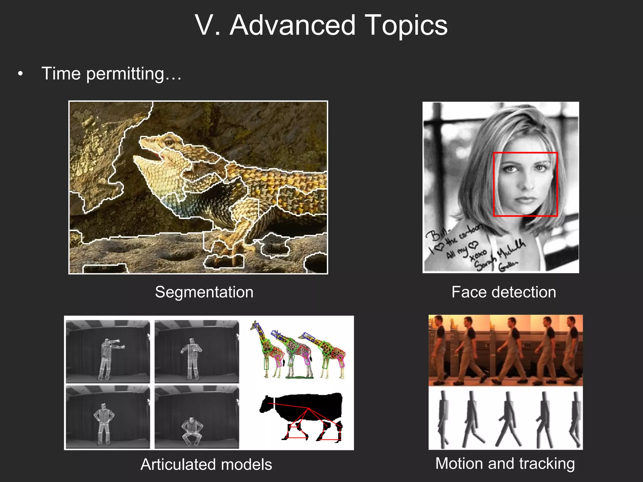 V. Advanced Topics
• Time permitting…
Segmentation
Articulated models
Face detection
Motion and tracking
 