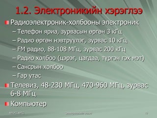 1.2. Электроникийн хэрэглээ 
Радиоэлектроник-холбооны электроник 
– Телефон яриа, зурвасын өргөн 3 кГц 
– Радио өргөн нэвтрүүлэг, зурвас 10 кГц 
– FM радио, 88-108 МГц, зурвас 200 кГц 
– Радио холбоо (цэрэг, цагдаа, түргэн гэх мэт) 
– Сансрын холбоо 
– Гар утас 
Телевиз, 48-230 МГц, 470-960 МГц, зурвас 
6-8 МГц 
Компьютер 
МУИС, МТС Электроникийн үндэс 10 
 