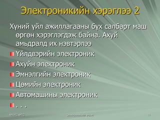 Электроникийн хэрэглээ 2 
Хүний үйл ажиллагааны бүх салбарт маш 
өргөн хэрэглэгдэж байна. Ахуй 
амьдралд их нэвтэрлээ 
Үйлдвэрийн электроник 
Ахуйн электроник 
Эмнэлгийн электроник 
Цөмийн электроник 
Автомашины электроник 
. . . 
МУИС, МТС Электроникийн үндэс 11 
 