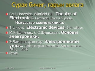 Сурах бичиг, гарын авлага 
Paul Horowitz, Winfield Hill. The Art of 
Electronics. Cambridg University press. 
Искусство схемотехники. 
T.L.Floyd. Electronic devices. 5-th edition. 
М.К.Ефимчик, С.С.Шушкевич. Основы 
электроники. 
Э.Дамдинсүрэн нар. Электроникийн 
үндэс. Лабораторын хичээлийн гарын авлага. 
2002,... 2006 
Бусад 
МУИС, МТС Электроникийн үндэс 6 
 