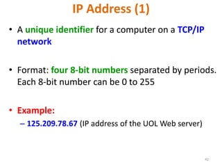42
IP Address (1)
• A unique identifier for a computer on a TCP/IP
network
• Format: four 8-bit numbers separated by periods.
Each 8-bit number can be 0 to 255
• Example:
– 125.209.78.67 (IP address of the UOL Web server)
 