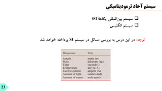 ❑
‫سیستم‬
‫المللی‬‫بین‬
‫یکاها‬
(
SI
)
❑
‫سیستم‬
‫انگلیسی‬
‫توجه‬
:
‫در‬
‫این‬
‫درس‬
‫به‬
‫بررسی‬
‫مسائل‬
‫در‬
‫سیستم‬
SI
‫پرداخته‬
‫خواهد‬
‫شد‬
23
‫ترمودینامیکی‬ ‫آحاد‬ ‫سیستم‬
Dimension Unit
Length meter (m)
Mass kilogram (kg)
Time second (s)
Temperature kelvin (K)
Electric current ampere (A)
Amount of light candela (cd)
Amount of matter mole (mol)
 