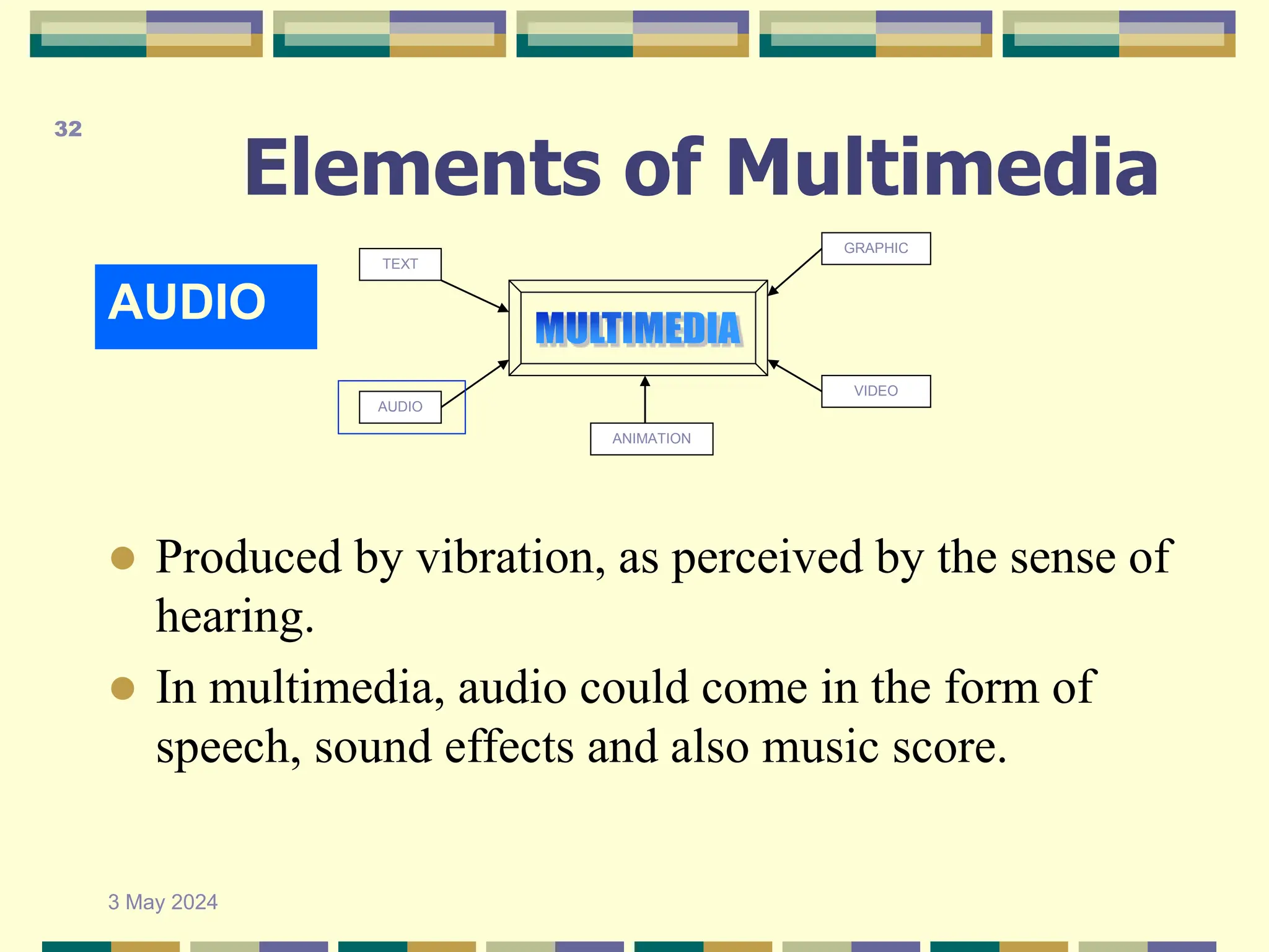 Elements of Multimedia
AUDIO
TEXT
AUDIO
GRAPHIC
VIDEO
ANIMATION
 Produced by vibration, as perceived by the sense of
hearing.
 In multimedia, audio could come in the form of
speech, sound effects and also music score.
3 May 2024
32
 