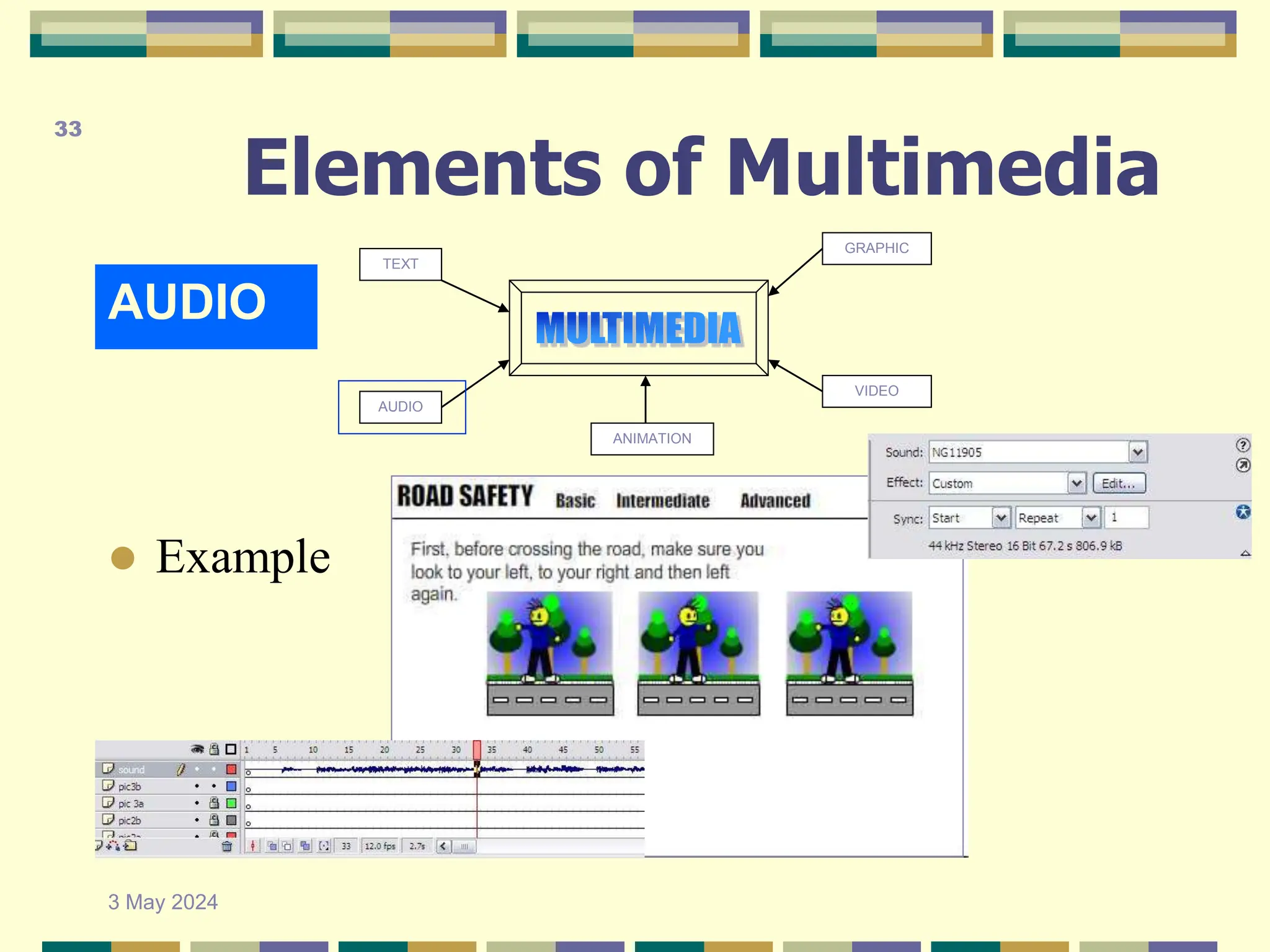Elements of Multimedia
AUDIO
TEXT
AUDIO
GRAPHIC
VIDEO
ANIMATION
 Example
3 May 2024
33
 
