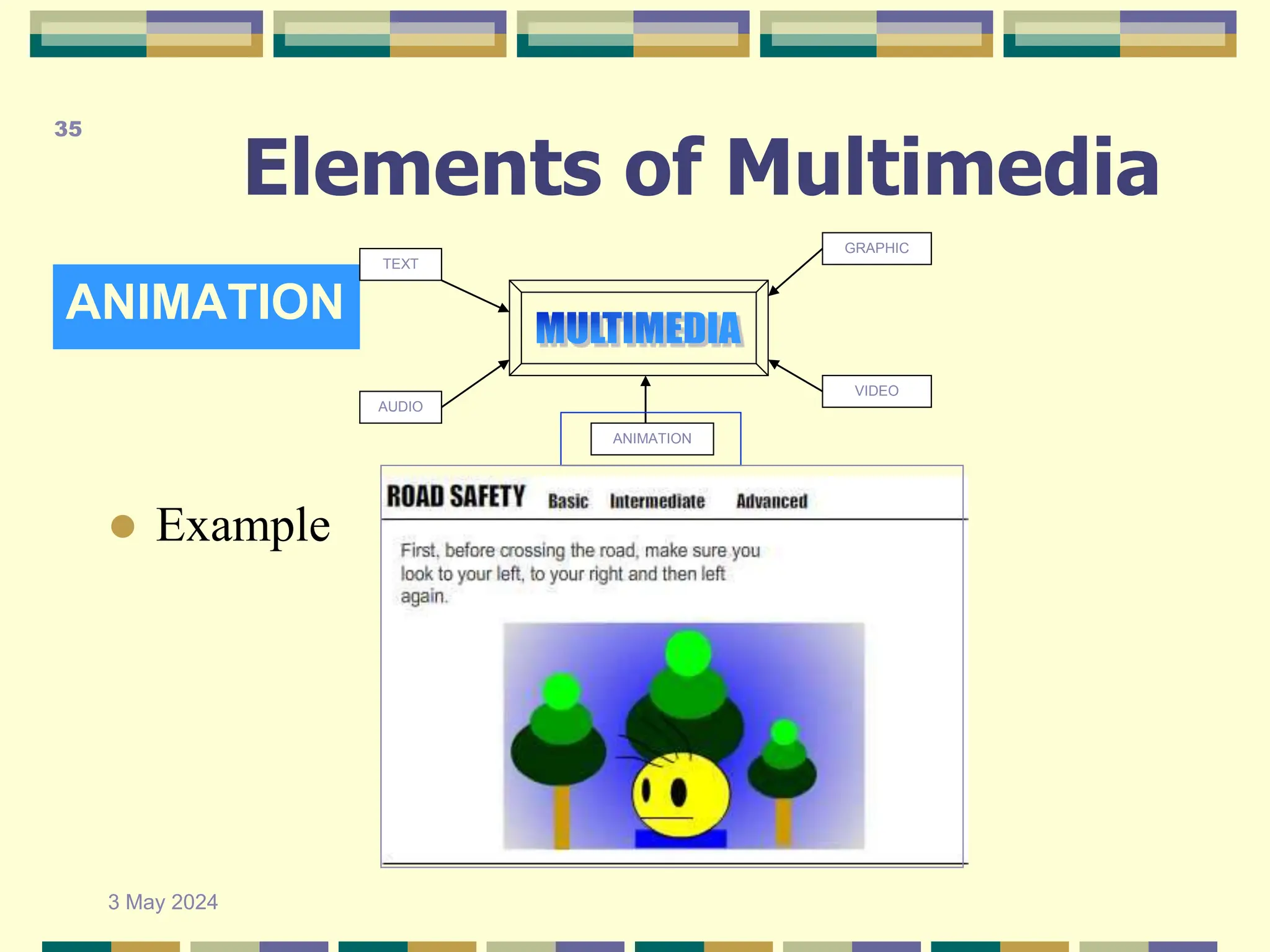 Elements of Multimedia
ANIMATION
TEXT
AUDIO
GRAPHIC
VIDEO
ANIMATION
 Example
3 May 2024
35
 
