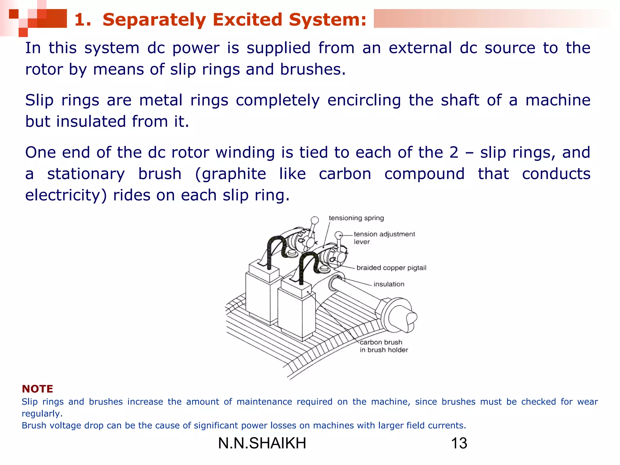 N.N.SHAIKH 13
In this system dc power is supplied from an external dc source to the
rotor by means of slip rings and brushes.
Slip rings are metal rings completely encircling the shaft of a machine
but insulated from it.
One end of the dc rotor winding is tied to each of the 2 – slip rings, and
a stationary brush (graphite like carbon compound that conducts
electricity) rides on each slip ring.
1. Separately Excited System:
NOTE
Slip rings and brushes increase the amount of maintenance required on the machine, since brushes must be checked for wear
regularly.
Brush voltage drop can be the cause of significant power losses on machines with larger field currents.
 