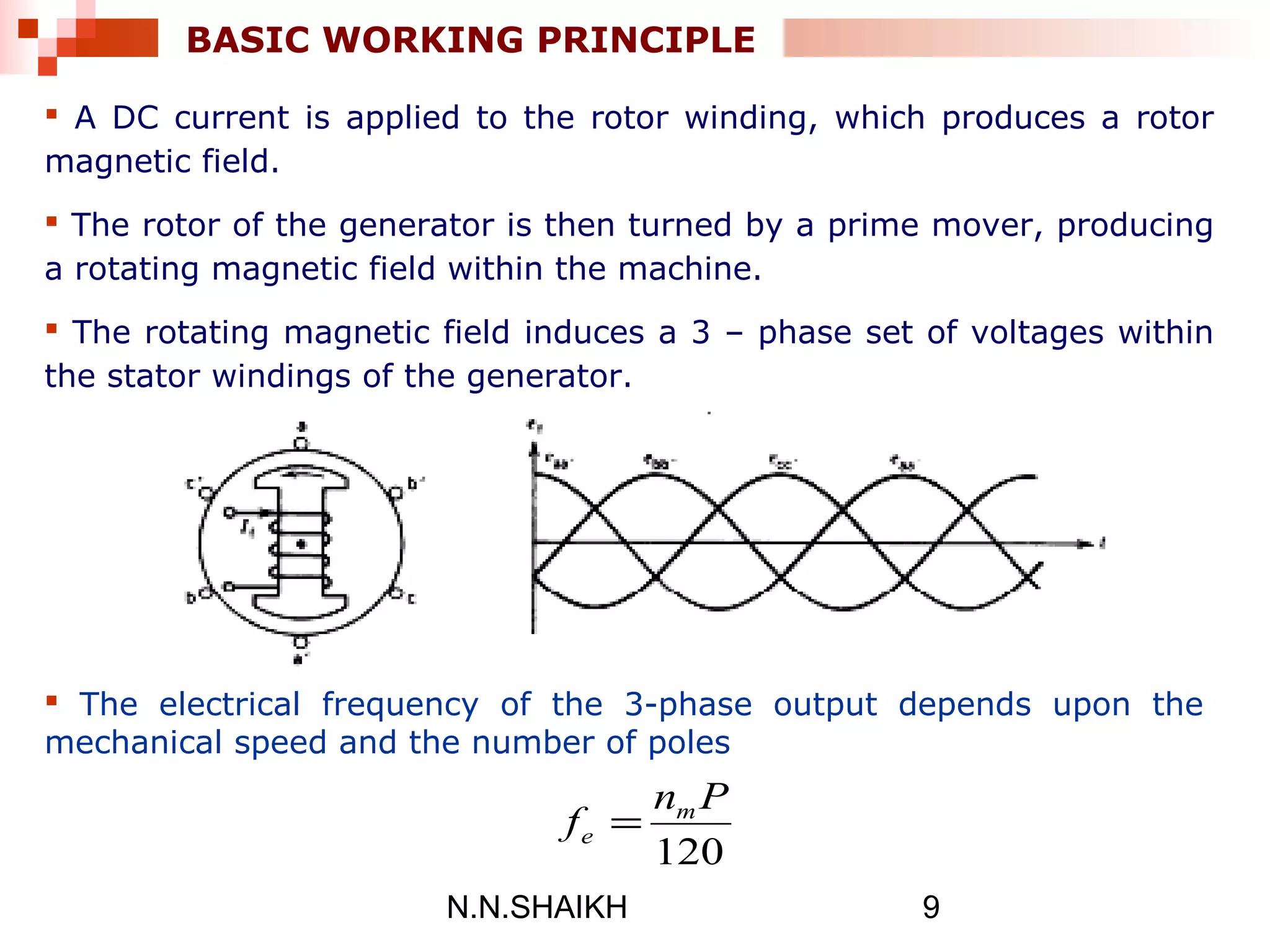 N.N.SHAIKH 9
BASIC WORKING PRINCIPLE
 A DC current is applied to the rotor winding, which produces a rotor
magnetic field.
 The rotor of the generator is then turned by a prime mover, producing
a rotating magnetic field within the machine.
 The rotating magnetic field induces a 3 – phase set of voltages within
the stator windings of the generator.
 The electrical frequency of the 3-phase output depends upon the
mechanical speed and the number of poles
120
Pn
f m
e =
 