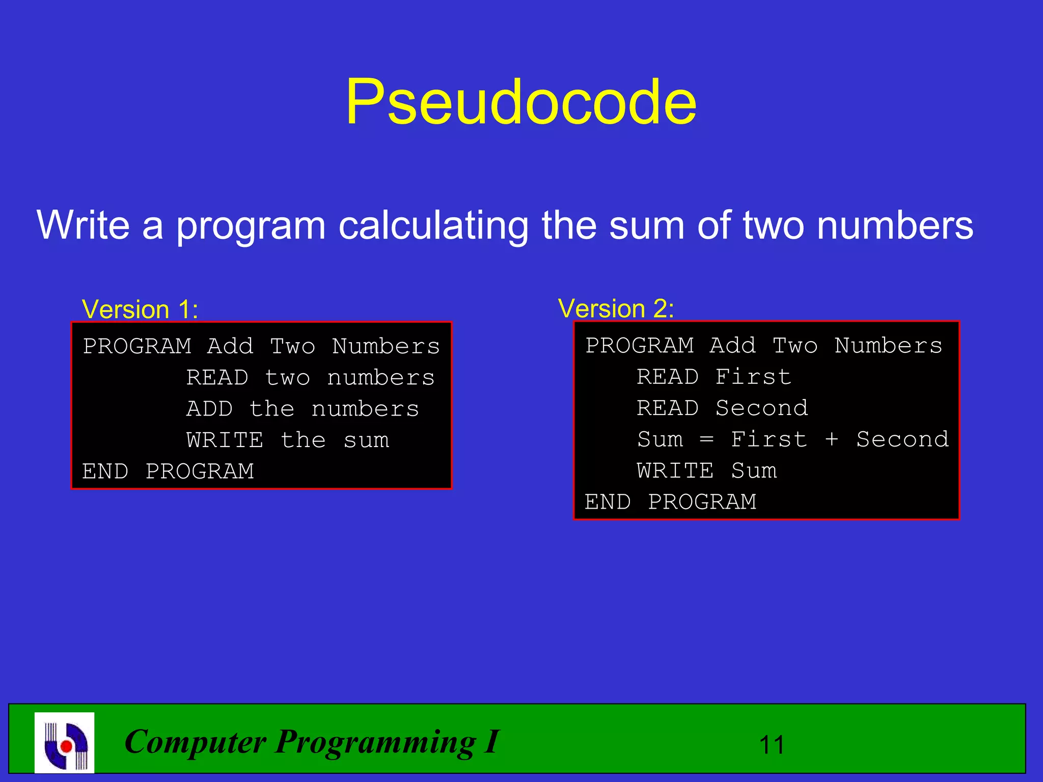 Pseudocode Write a program calculating the sum of two numbers Version 1: Version 2: PROGRAM Add Two Numbers PROGRAM Add Two Numbers READ two numbers READ First ADD the numbers READ Second WRITE the sum Sum = First + Second END PROGRAM WRITE Sum END PROGRAM Computer Programming I 11 