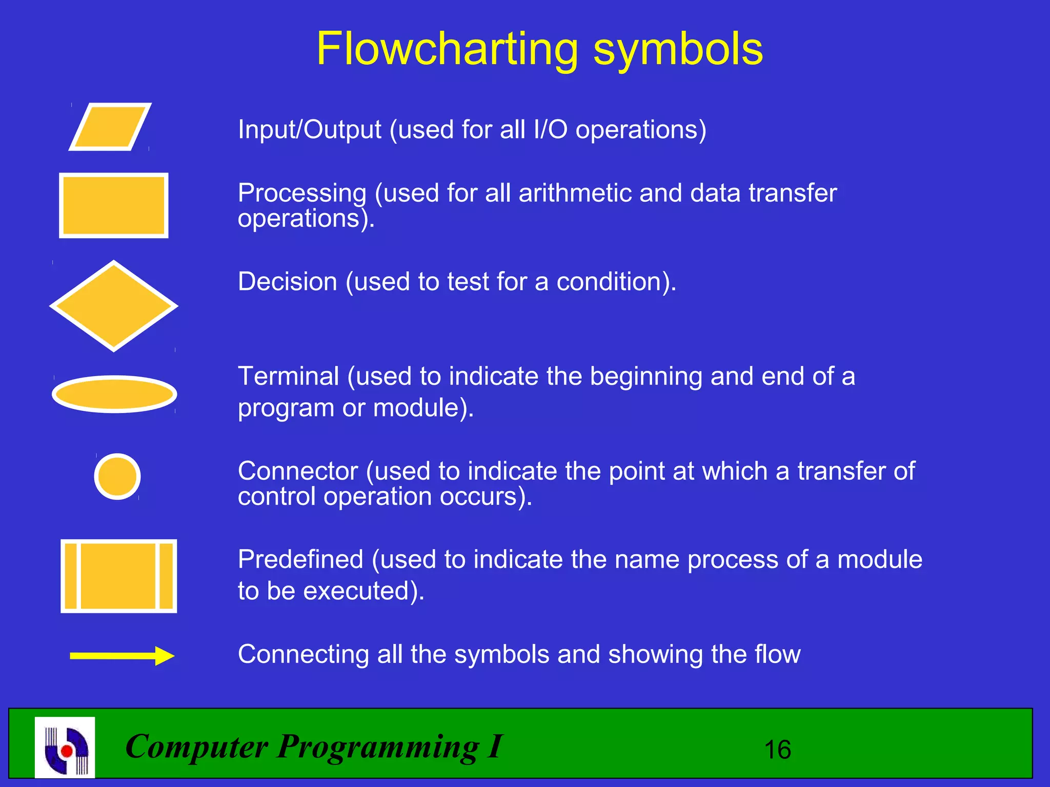 Flowcharting symbols Input/Output (used for all I/O operations) Processing (used for all arithmetic and data transfer operations). Decision (used to test for a condition). Terminal (used to indicate the beginning and end of a program or module). Connector (used to indicate the point at which a transfer of control operation occurs). Predefined (used to indicate the name process of a module to be executed). Connecting all the symbols and showing the flow Computer Programming I 16 