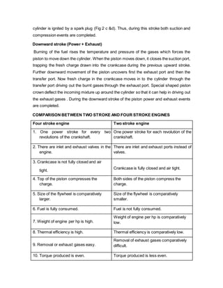 cylinder is ignited by a spark plug (Fig 2 c &d). Thus, during this stroke both suction and
compression events are completed.
Downward stroke (Power + Exhaust)
Burning of the fuel rises the temperature and pressure of the gases which forces the
piston to move down the cylinder. When the piston moves down, it closes the suction port,
trapping the fresh charge drawn into the crankcase during the previous upward stroke.
Further downward movement of the piston uncovers first the exhaust port and then the
transfer port. Now fresh charge in the crankcase moves in to the cylinder through the
transfer port driving out the burnt gases through the exhaust port. Special shaped piston
crown deflect the incoming mixture up around the cylinder so that it can help in driving out
the exhaust gases . During the downward stroke of the piston power and exhaust events
are completed.
COMPARISON BETWEEN TWO STROKE AND FOUR STROKE ENGINES
Four stroke engine Two stroke engine
1. One power stroke for every two
revolutions of the crankshaft.
One power stroke for each revolution of the
crankshaft.
2. There are inlet and exhaust valves in the
engine.
There are inlet and exhaust ports instead of
valves.
3. Crankcase is not fully closed and air
tight.
Crankcase is fully closed and air tight.
4. Top of the piston compresses the
charge.
Both sides of the piston compress the
charge.
5. Size of the flywheel is comparatively
larger.
Size of the flywheel is comparatively
smaller.
6. Fuel is fully consumed. Fuel is not fully consumed.
7. Weight of engine per hp is high.
Weight of engine per hp is comparatively
low.
8. Thermal efficiency is high. Thermal efficiency is comparatively low.
9. Removal or exhaust gases easy.
Removal of exhaust gases comparatively
difficult.
10. Torque produced is even. Torque produced is less even.
 