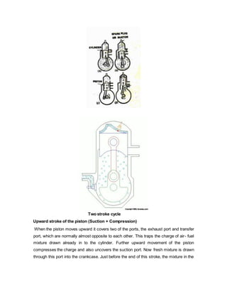 Two stroke cycle
Upward stroke of the piston (Suction + Compression)
When the piston moves upward it covers two of the ports, the exhaust port and transfer
port, which are normally almost opposite to each other. This traps the charge of air- fuel
mixture drawn already in to the cylinder. Further upward movement of the piston
compresses the charge and also uncovers the suction port. Now fresh mixture is drawn
through this port into the crankcase. Just before the end of this stroke, the mixture in the
 
