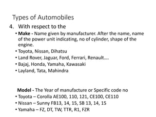 Types of Automobiles
4. With respect to the
• Make - Name given by manufacturer. After the name, name
of the power unit indicating, no of cylinder, shape of the
engine.
• Toyota, Nissan, Dihatsu
• Land Rover, Jaguar, Ford, Ferrari, Renault….
• Bajaj, Honda, Yamaha, Kawasaki
• Layland, Tata, Mahindra
Model - The Year of manufacture or Specific code no
• Toyota – Corolla AE100, 110, 121, CE100, CE110
• Nissan – Sunny FB13, 14, 15, SB 13, 14, 15
• Yamaha – FZ, DT, TW, TTR, R1, FZR
 