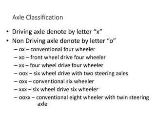 Axle Classification
• Driving axle denote by letter “x”
• Non Driving axle denote by letter “o”
– ox – conventional four wheeler
– xo – front wheel drive four wheeler
– xx – four wheel drive four wheeler
– oox – six wheel drive with two steering axles
– oxx – conventional six wheeler
– xxx – six wheel drive six wheeler
– ooxx – conventional eight wheeler with twin steering
axle
 