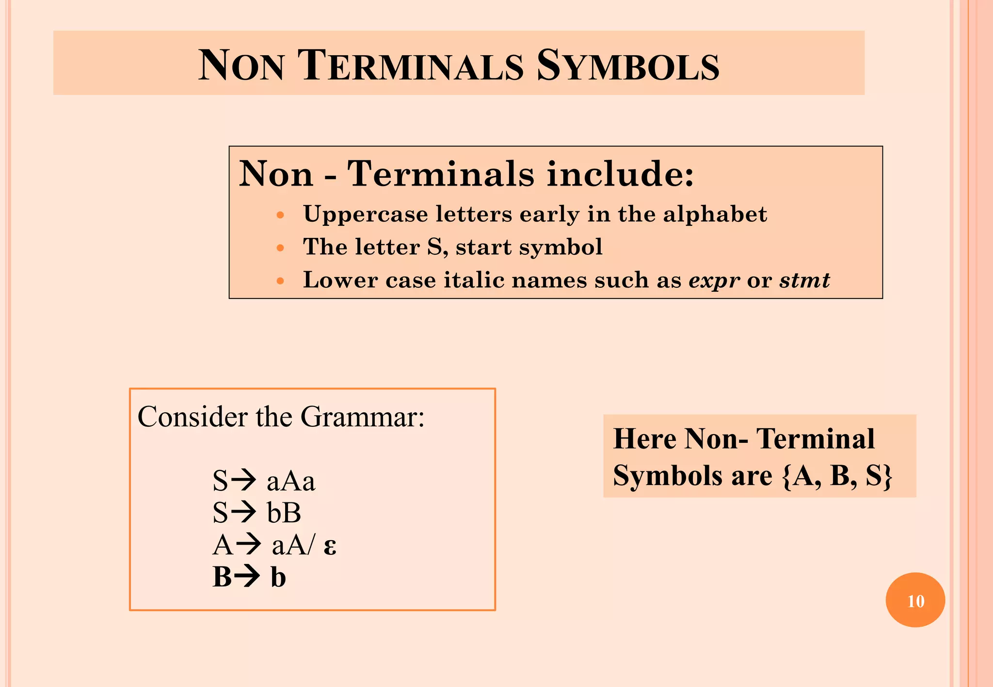 NON TERMINALS SYMBOLS
Non - Terminals include:
 Uppercase letters early in the alphabet
 The letter S, start symbol
 Lower case italic names such as expr or stmt
Consider the Grammar:
S→ aAa
S→ bB
A→ aA/ ε
B→ b
Here Non- Terminal
Symbols are {A, B, S}
10
 