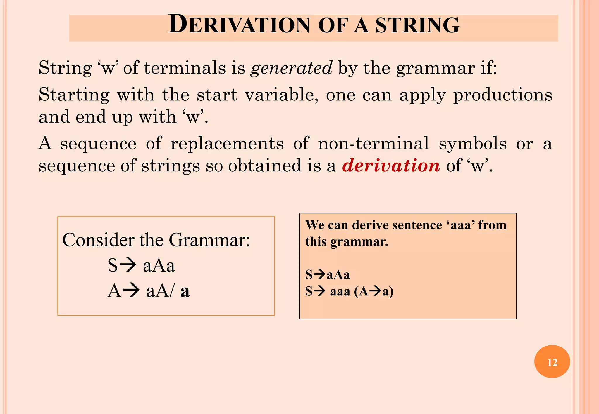 DERIVATION OF A STRING
String ‘w’ of terminals is generated by the grammar if:
Starting with the start variable, one can apply productions
and end up with ‘w’.
A sequence of replacements of non-terminal symbols or a
sequence of strings so obtained is a derivation of ‘w’.
Consider the Grammar:
S→ aAa
A→ aA/ a
We can derive sentence ‘aaa’ from
this grammar.
S→aAa
S→ aaa (A→a)
12
 