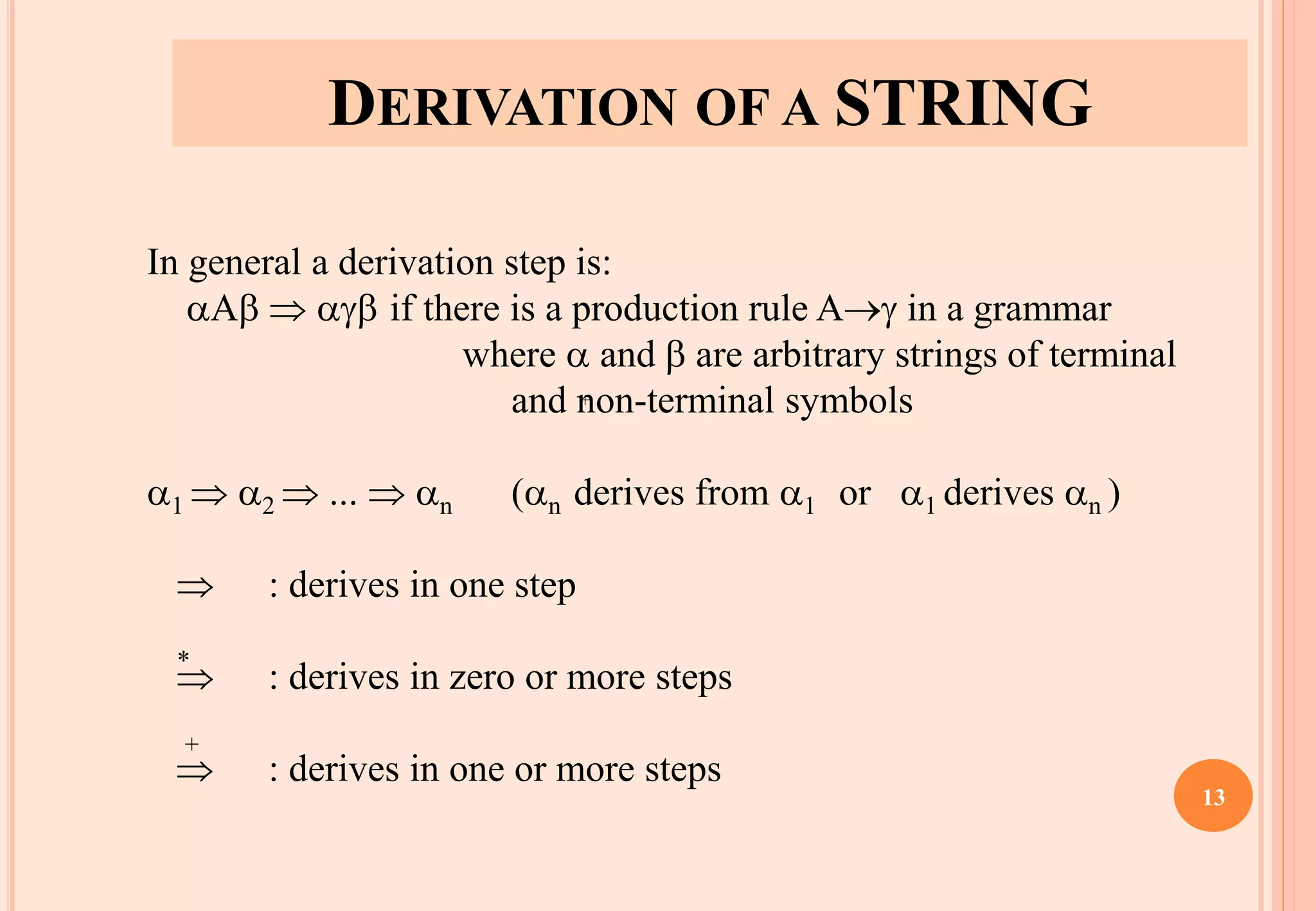 DERIVATION OF A STRING
+
In general a derivation step is:
A   if there is a production rule A→ in a grammar
where  and  are arbitrary strings of terminal
and non-terminal symbols
1  2  ...  n (n derives from 1 or 1 derives n )
 : derives in one step
 : derives in zero or more steps
 : derives in one or more steps
*
+
13
 
