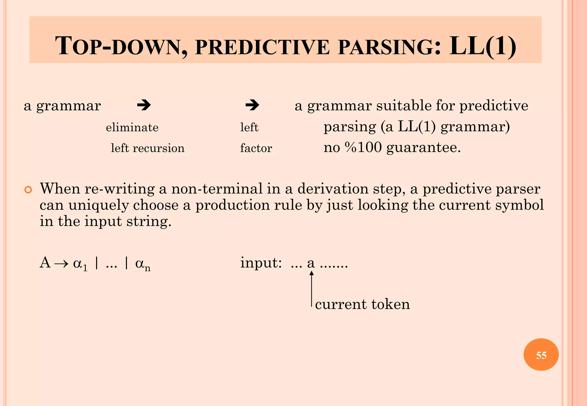 a grammar ➔ ➔ a grammar suitable for predictive
eliminate left parsing (a LL(1) grammar)
left recursion factor no %100 guarantee.
 When re-writing a non-terminal in a derivation step, a predictive parser
can uniquely choose a production rule by just looking the current symbol
in the input string.
A → 1 | ... | n input: ... a .......
current token
55
TOP-DOWN, PREDICTIVE PARSING: LL(1)
 