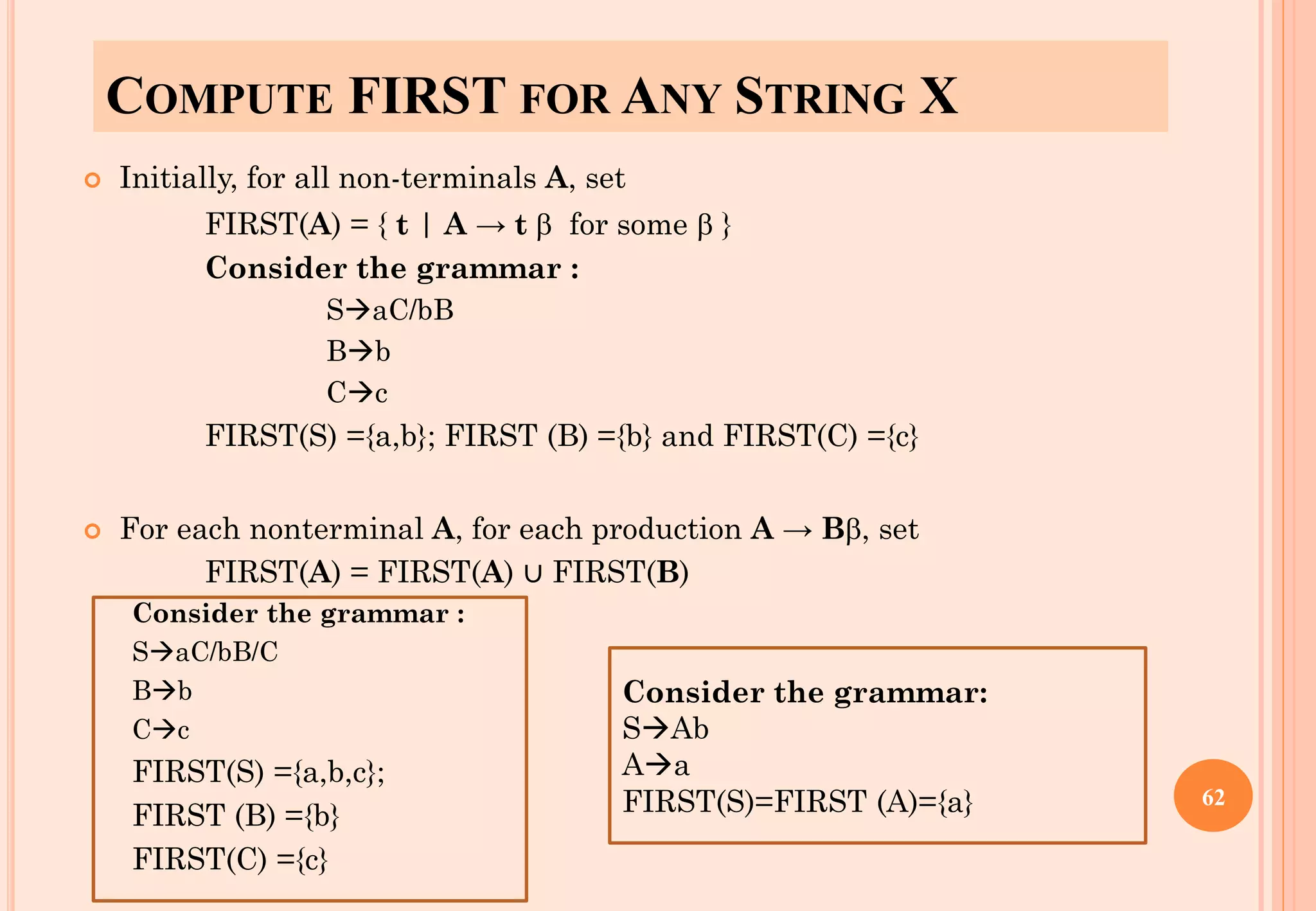 COMPUTE FIRST FOR ANY STRING X
 Initially, for all non-terminals A, set
FIRST(A) = { t | A → t  for some  }
Consider the grammar :
S→aC/bB
B→b
C→c
FIRST(S) ={a,b}; FIRST (B) ={b} and FIRST(C) ={c}
 For each nonterminal A, for each production A → B, set
FIRST(A) = FIRST(A) ∪ FIRST(B)
Consider the grammar :
S→aC/bB/C
B→b
C→c
FIRST(S) ={a,b,c};
FIRST (B) ={b}
FIRST(C) ={c}
62
Consider the grammar:
S→Ab
A→a
FIRST(S)=FIRST (A)={a}
 