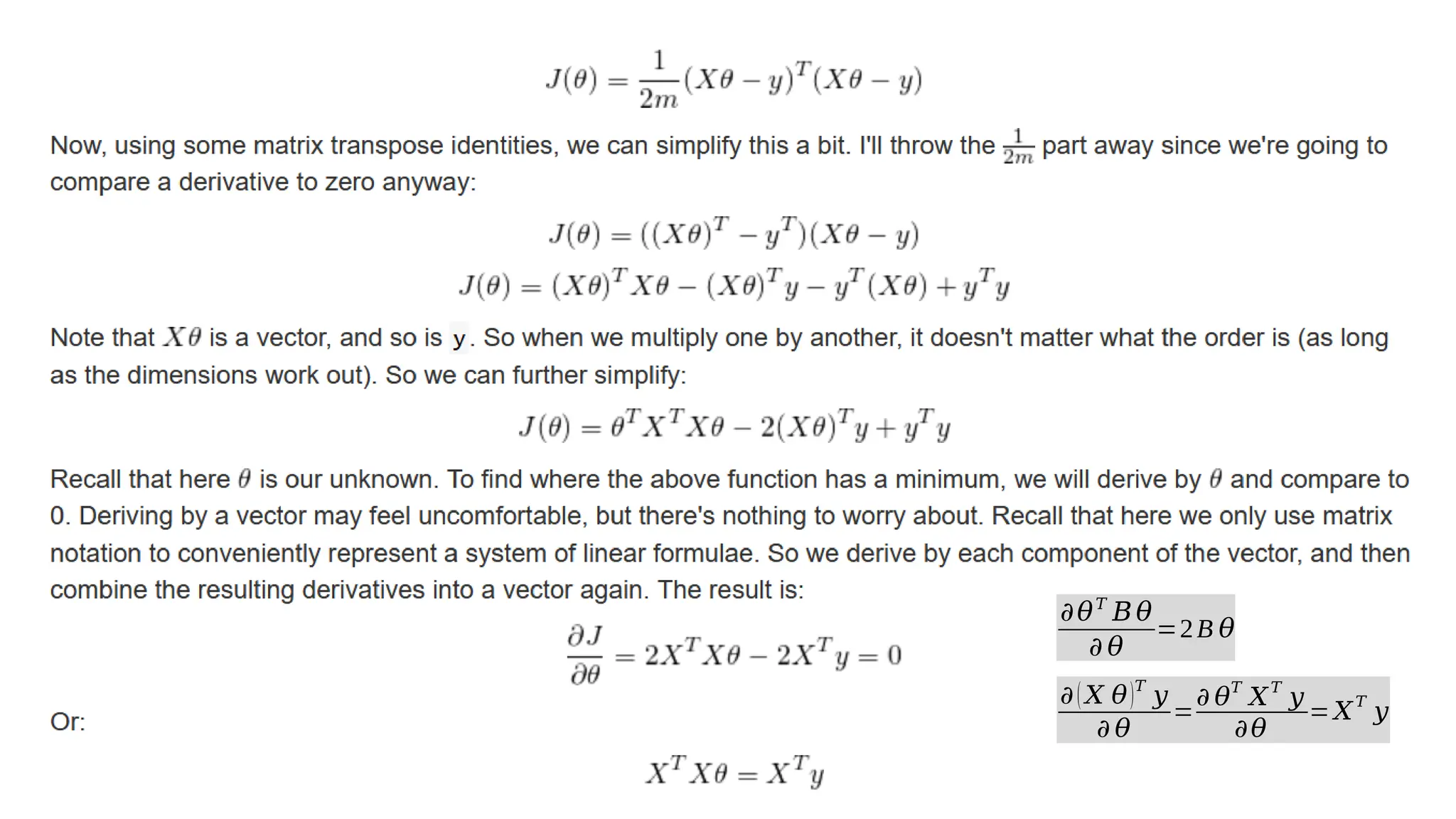 𝜕𝜃𝑇
𝐵𝜃
𝜕 𝜃
=2B 𝜃
𝜕(𝑋 𝜃)𝑇
𝑦
𝜕 𝜃
=
𝜕 𝜃
𝑇
𝑋
𝑇
𝑦
𝜕𝜃
= 𝑋
𝑇
𝑦
 