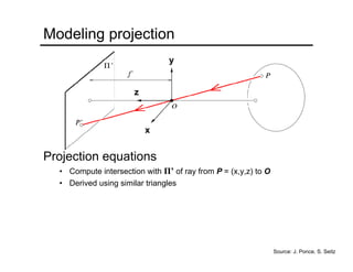 x
y
z
Modeling projection
Projection equations
• Compute intersection with Π’ of ray from P = (x,y,z) to O
• Derived using similar triangles
)',','(),,( f
z
y
f
z
x
fzyx →
Source: J. Ponce, S. Seitz
• We get the projection by throwing out the last coordinate:
)','(),,(
z
y
f
z
x
fzyx →
 