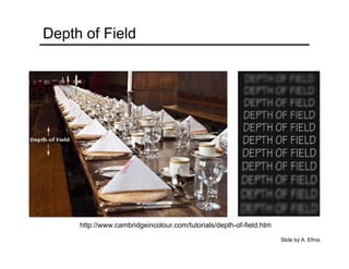 Depth of Field
http://www.cambridgeincolour.com/tutorials/depth-of-field.htm
Slide by A. Efros
 
