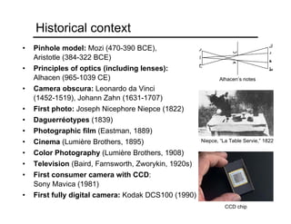Historical context
• Pinhole model: Mozi (470-390 BCE),
Aristotle (384-322 BCE)
• Principles of optics (including lenses):
Alhacen (965-1039 CE)
• Camera obscura: Leonardo da Vinci
(1452-1519), Johann Zahn (1631-1707)
• First photo: Joseph Nicephore Niepce (1822)
• Daguerréotypes (1839)
• Photographic film (Eastman, 1889)
• Cinema (Lumière Brothers, 1895)
• Color Photography (Lumière Brothers, 1908)
• Television (Baird, Farnsworth, Zworykin, 1920s)
• First consumer camera with CCD:
Sony Mavica (1981)
• First fully digital camera: Kodak DCS100 (1990)
Niepce, “La Table Servie,” 1822
CCD chip
Alhacen’s notes
 