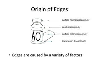 Origin of Edges
• Edges are caused by a variety of factors
depth discontinuity
surface color discontinuity
illumination discontinuity
surface normal discontinuity
 