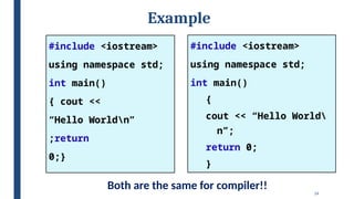 14
Example
#include <iostream>
using namespace std;
int main()
{
cout << “Hello World
n”;
return 0;
}
#include <iostream>
using namespace std;
int main()
{ cout <<
“Hello Worldn”
;return
0;}
Both are the same for compiler!!
 
