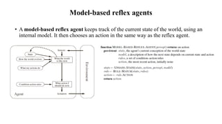 Model-based reflex agents
• A model-based reflex agent keeps track of the current state of the world, using an
internal model. It then chooses an action in the same way as the reflex agent.
 