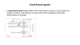 Goal-based agents
• A goal-based agent keeps track of the world state as well as a set of goals it is
trying to achieve, and chooses an action that will (eventually) lead to the
achievement of its goals.
 