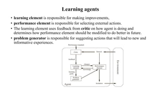 Learning agents
• learning element is responsible for making improvements,
• performance element is responsible for selecting external actions.
• The learning element uses feedback from critic on how agent is doing and
determines how performance element should be modified to do better in future.
• problem generator is responsible for suggesting actions that will lead to new and
informative experiences.
 