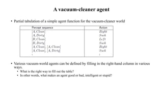 A vacuum-cleaner agent
• Partial tabulation of a simple agent function for the vacuum-cleaner world
• Various vacuum-world agents can be defined by filling in the right-hand column in various
ways.
• What is the right way to fill out the table?
• In other words, what makes an agent good or bad, intelligent or stupid?
 