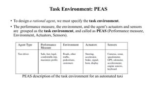 Task Environment: PEAS
• To design a rational agent, we must specify the task environment.
• The performance measure, the environment, and the agent’s actuators and sensors
are grouped as the task environment, and called as PEAS (Performance measure,
Environment, Actuators, Sensors).
PEAS description of the task environment for an automated taxi
 