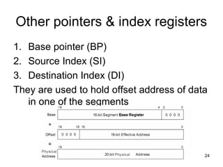 Presentation By sania Gul 24
Other pointers & index registers
1. Base pointer (BP)
2. Source Index (SI)
3. Destination Index (DI)
They are used to hold offset address of data
in one of the segments
 