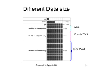Presentation By sania Gul 31
Different Data size
Word
Double Word
Quad Word
 