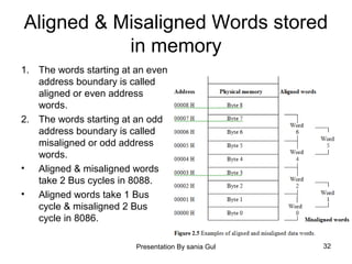 Presentation By sania Gul 32
Aligned & Misaligned Words stored
in memory
1. The words starting at an even
address boundary is called
aligned or even address
words.
2. The words starting at an odd
address boundary is called
misaligned or odd address
words.
• Aligned & misaligned words
take 2 Bus cycles in 8088.
• Aligned words take 1 Bus
cycle & misaligned 2 Bus
cycle in 8086.
 